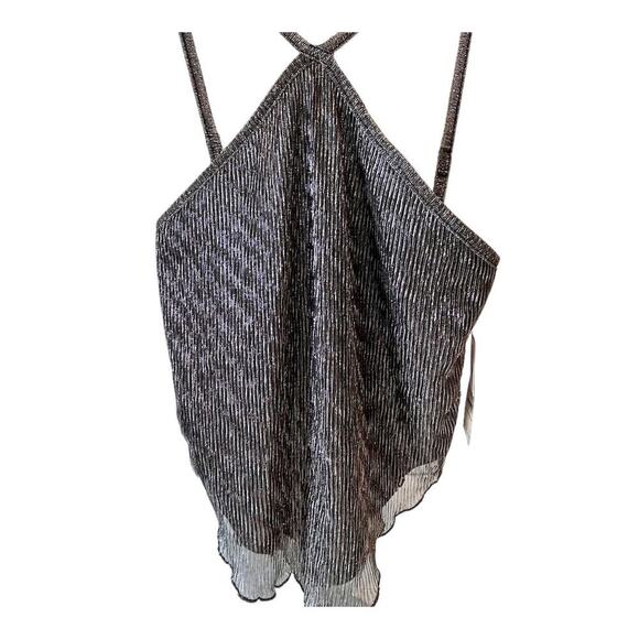 NWT Silky Silver Shimmer Glam Festival Rave Flowy Criss Cross Tank XXS - Picture 1 of 4